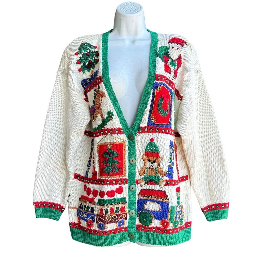 VTG 1994 Marisa Christina Christmas Ugly Sweater Cardigan Petite PL Grannycore - Picture 2 of 7